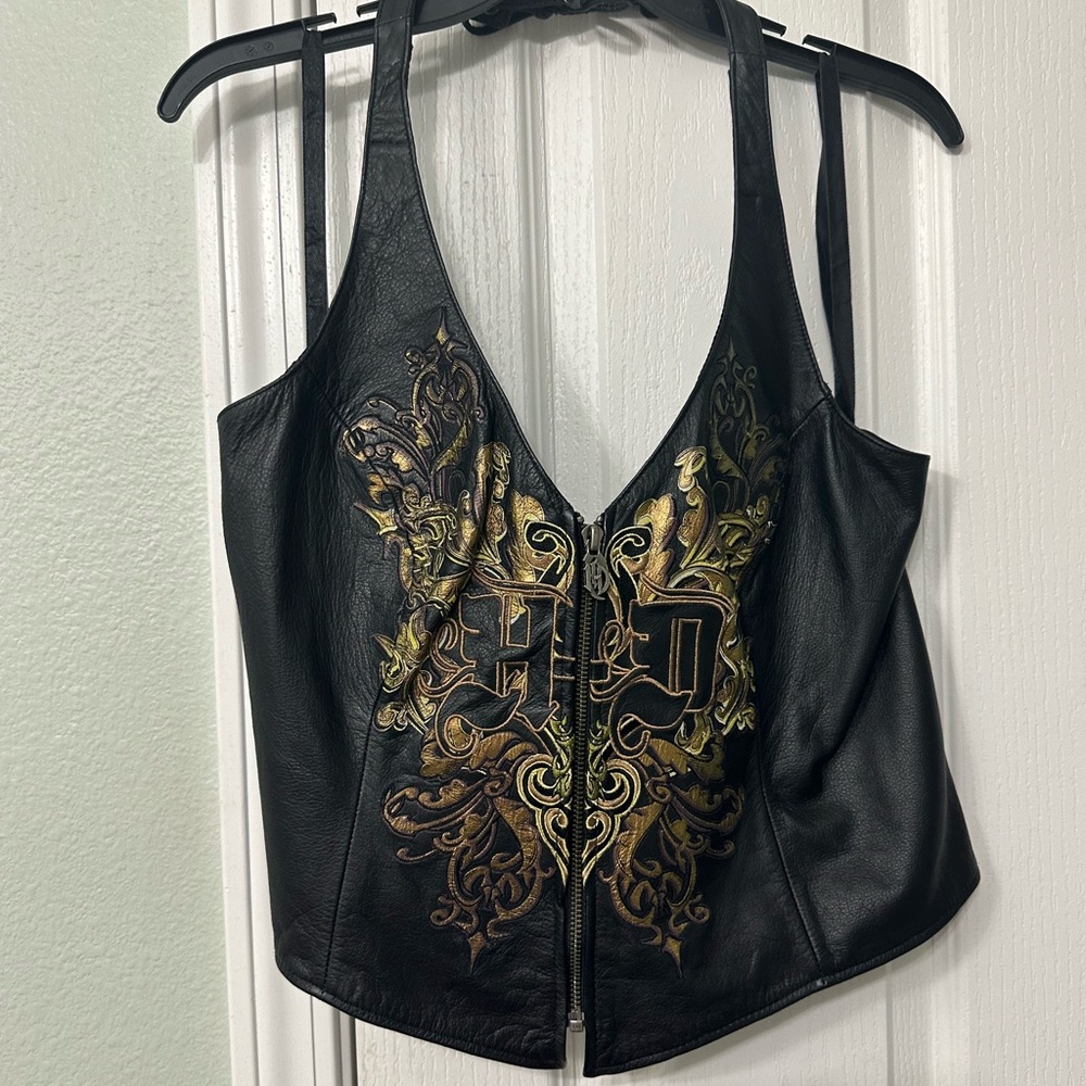 Harley Davidson leather halter top. Black leather with gold and green lettering.